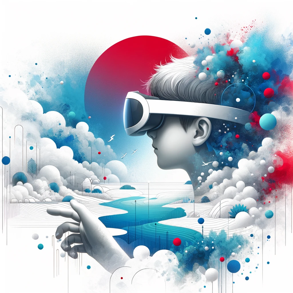 Boy in VR headset with abstract art background.