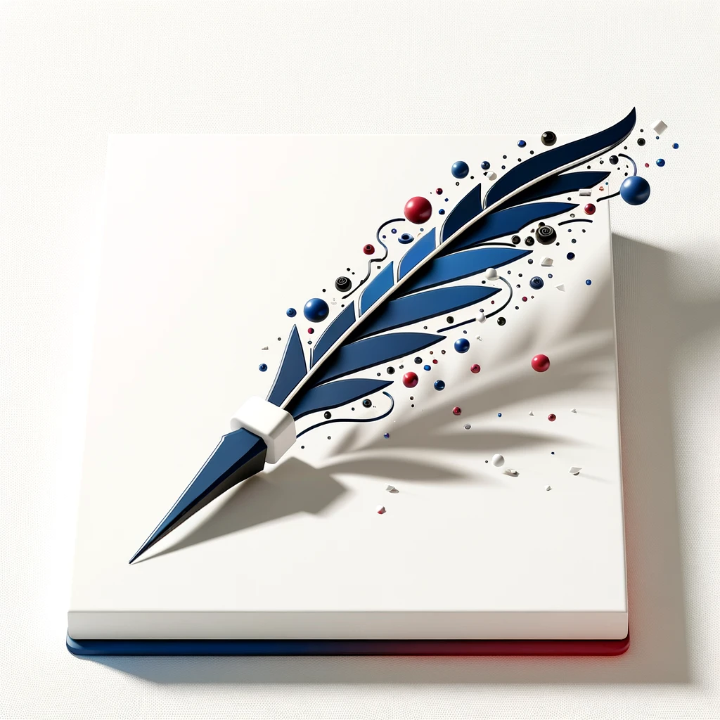 Stylized quill pen on book with splattered ink drops.