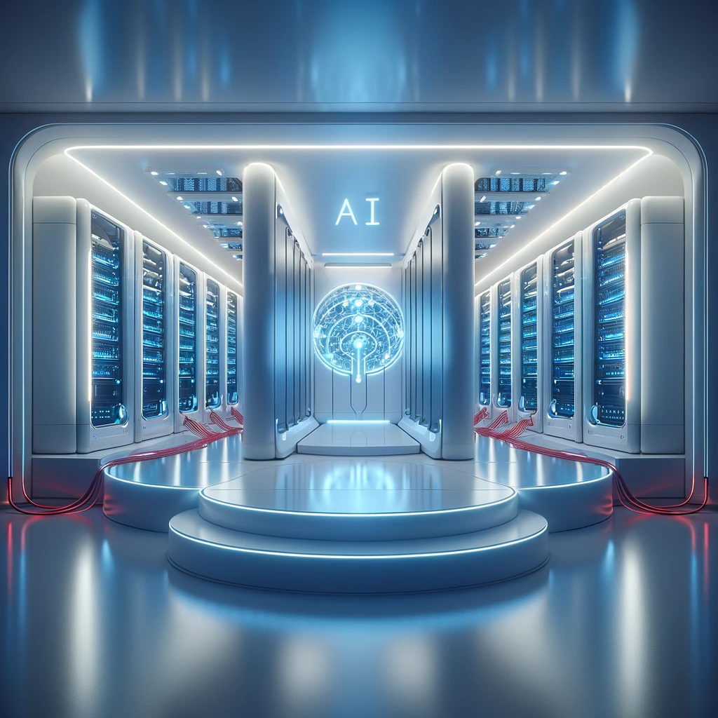Futuristic AI data center with glowing servers and brain.