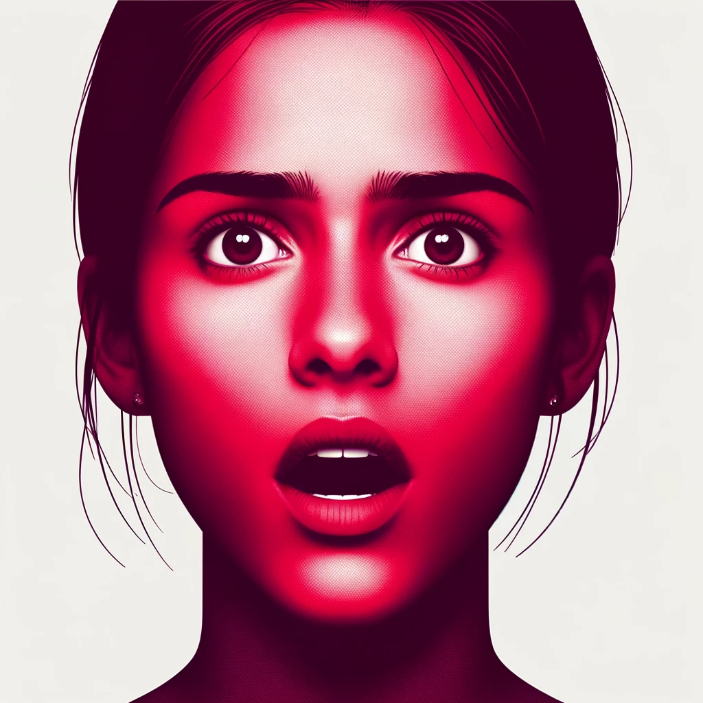 Red-toned artistic portrait of a woman with surprised expression.
