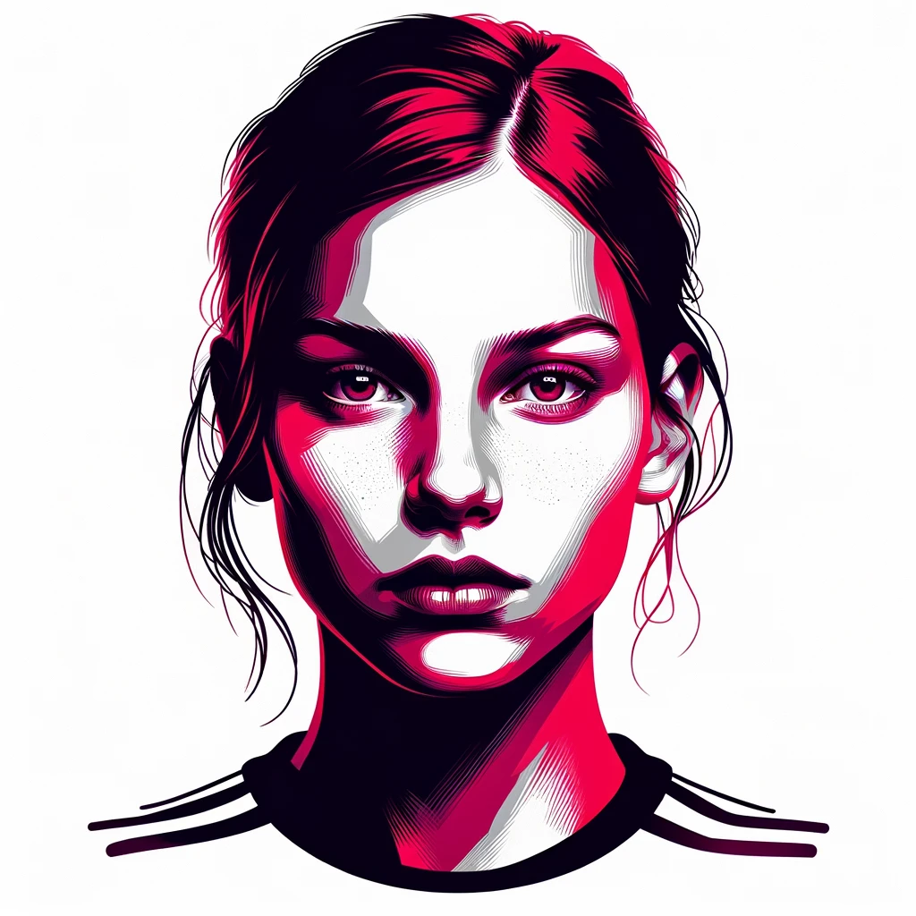 Stylized female portrait with magenta accents.